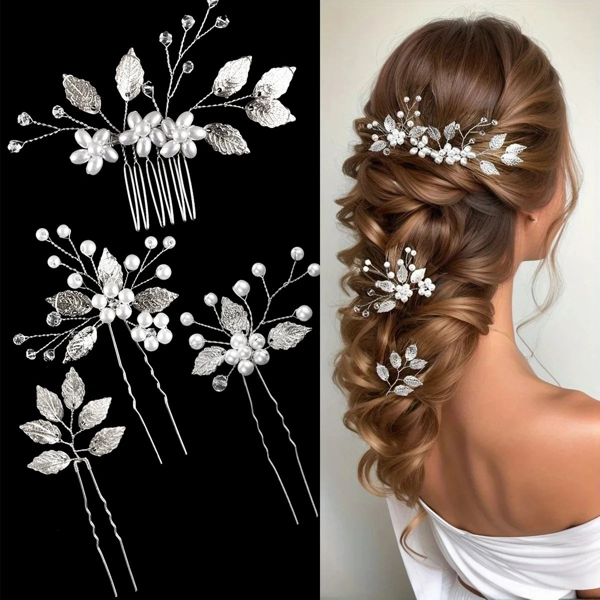 Elegant Pearl Leaf Bridal Hair Comb Set
