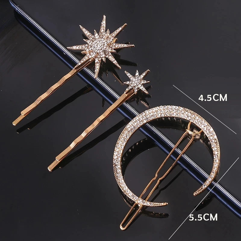 Rhinestone Star & Moon Hair Clip Set